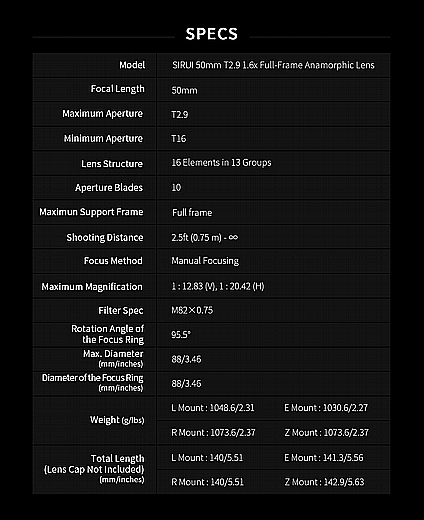  �����SIRUI 50MM FULL FRAME ANAMORPHIC T2.9 1.6X 